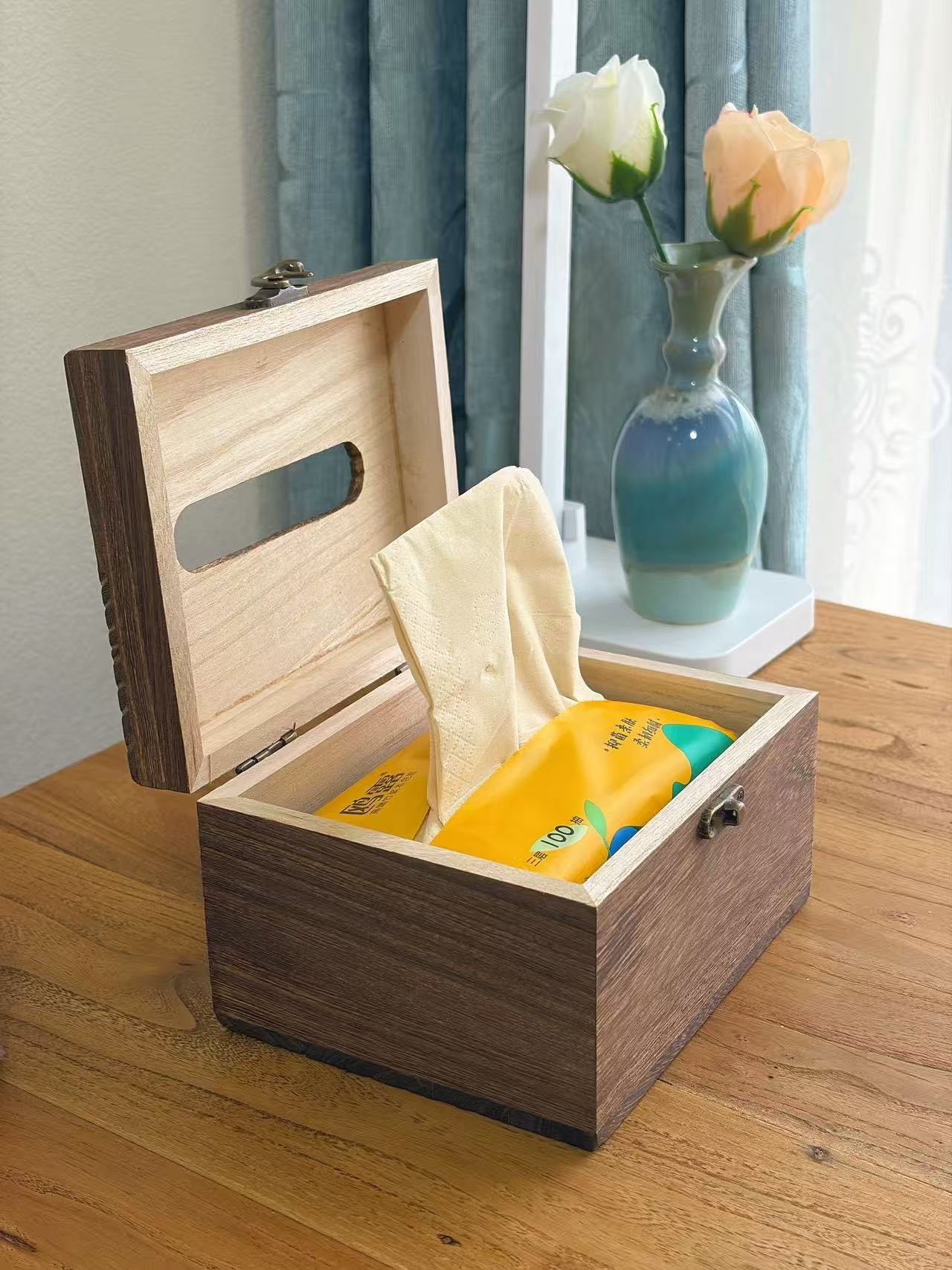 High cost-effective solid wood, paulownia wood, and cork material desktop tissue box