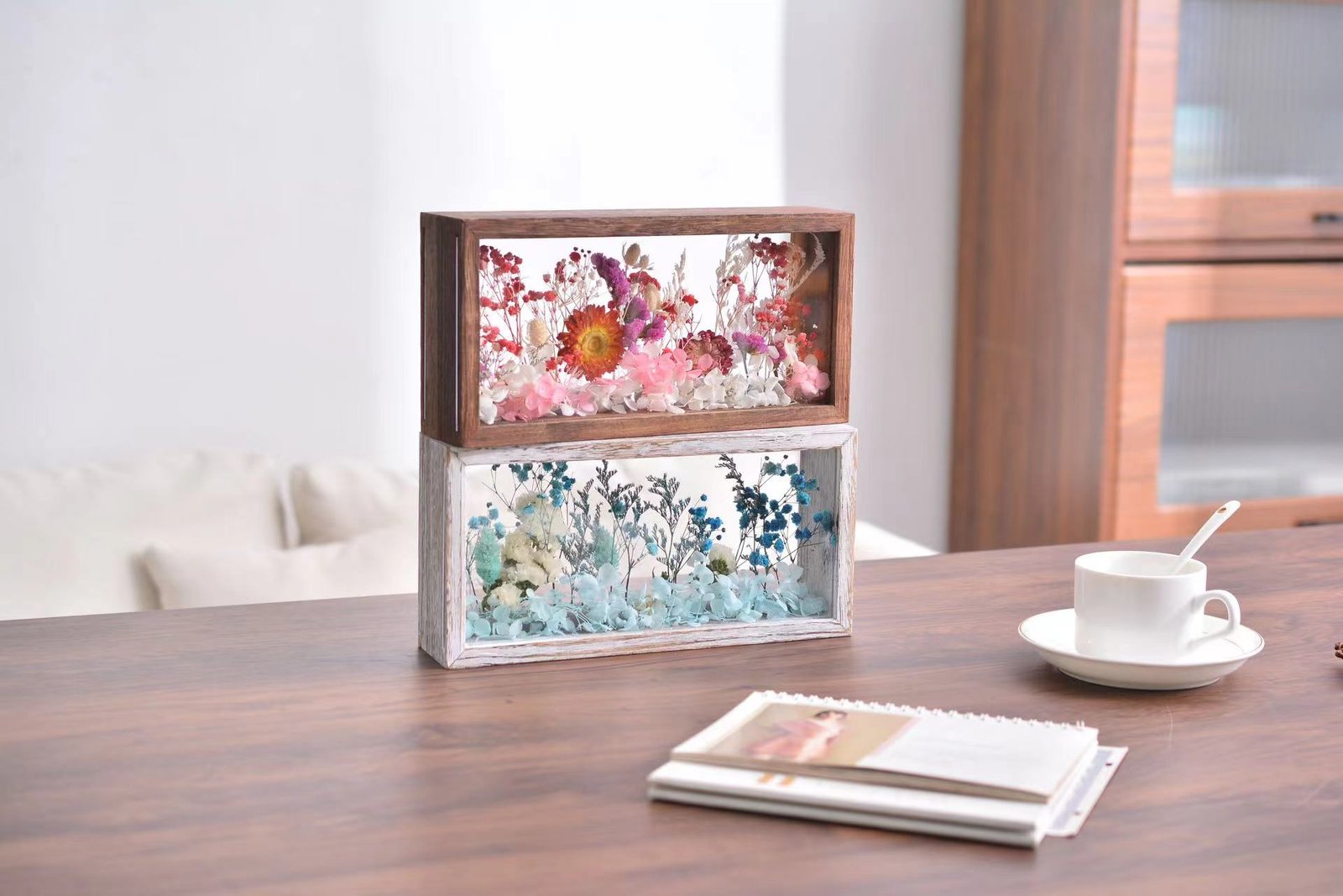 Wooden Dried Flower Display Frame, Double Acrylic Floating Frame, Suitable for Dried Flower Specimens, Handicraft Souvenirs and Photos, DIY Display Box(Paulownia wood (white, 10“*5”) - 图片 2
